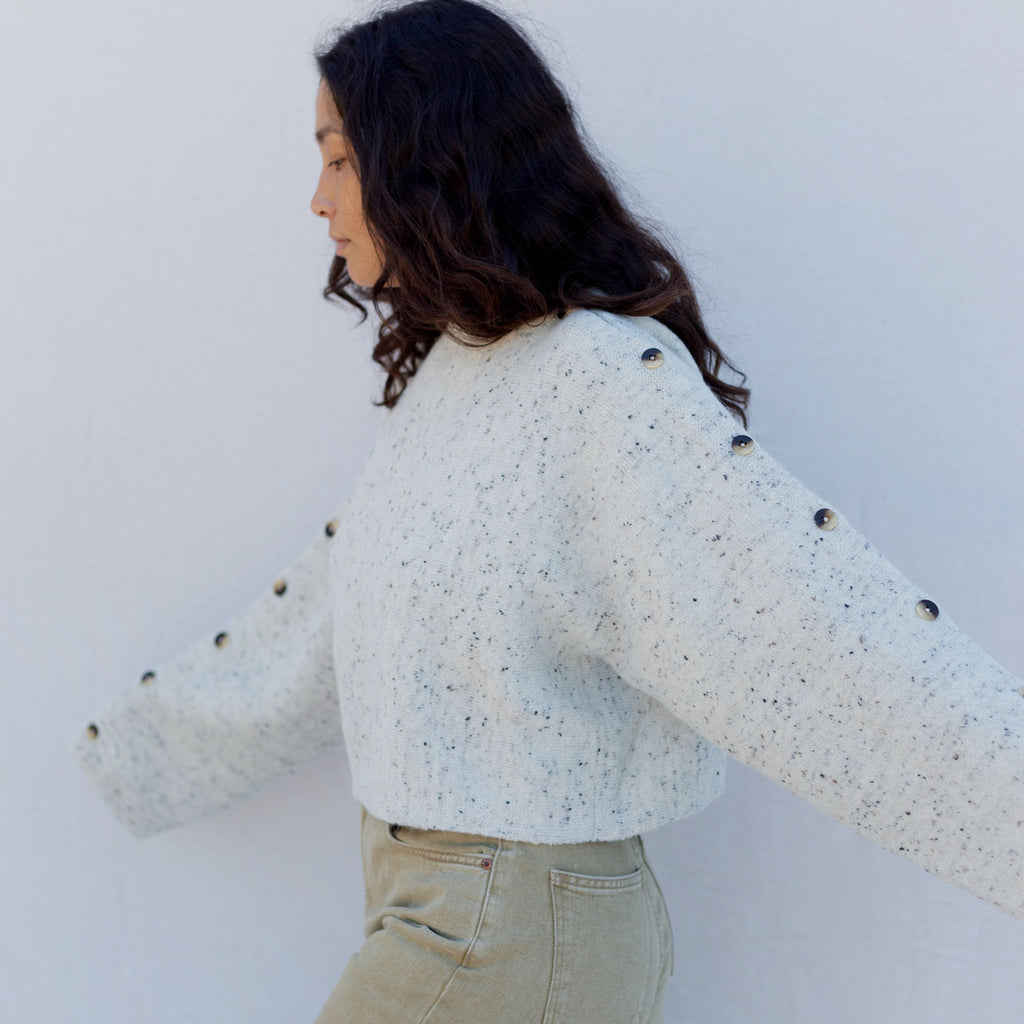Button Sleeve Sweater - White Tweed