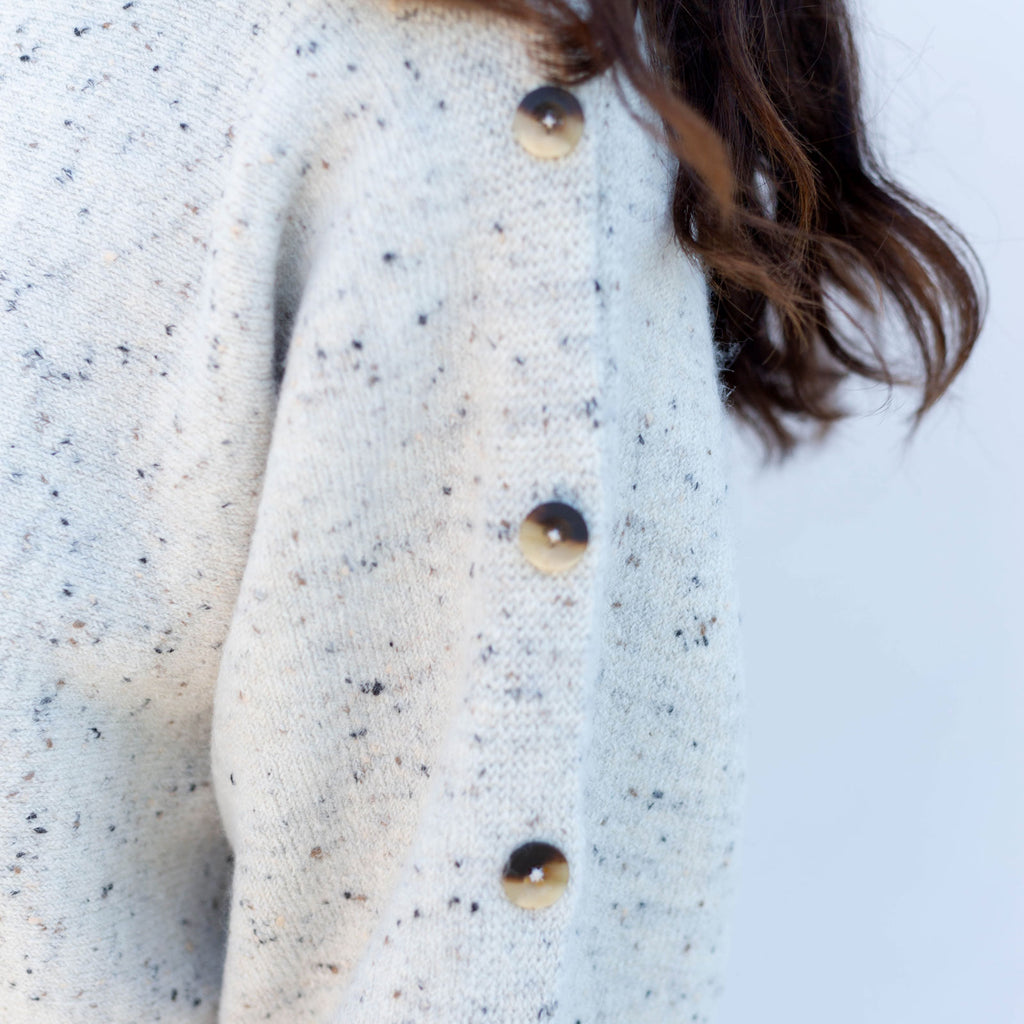 Button Sleeve Sweater - White Tweed