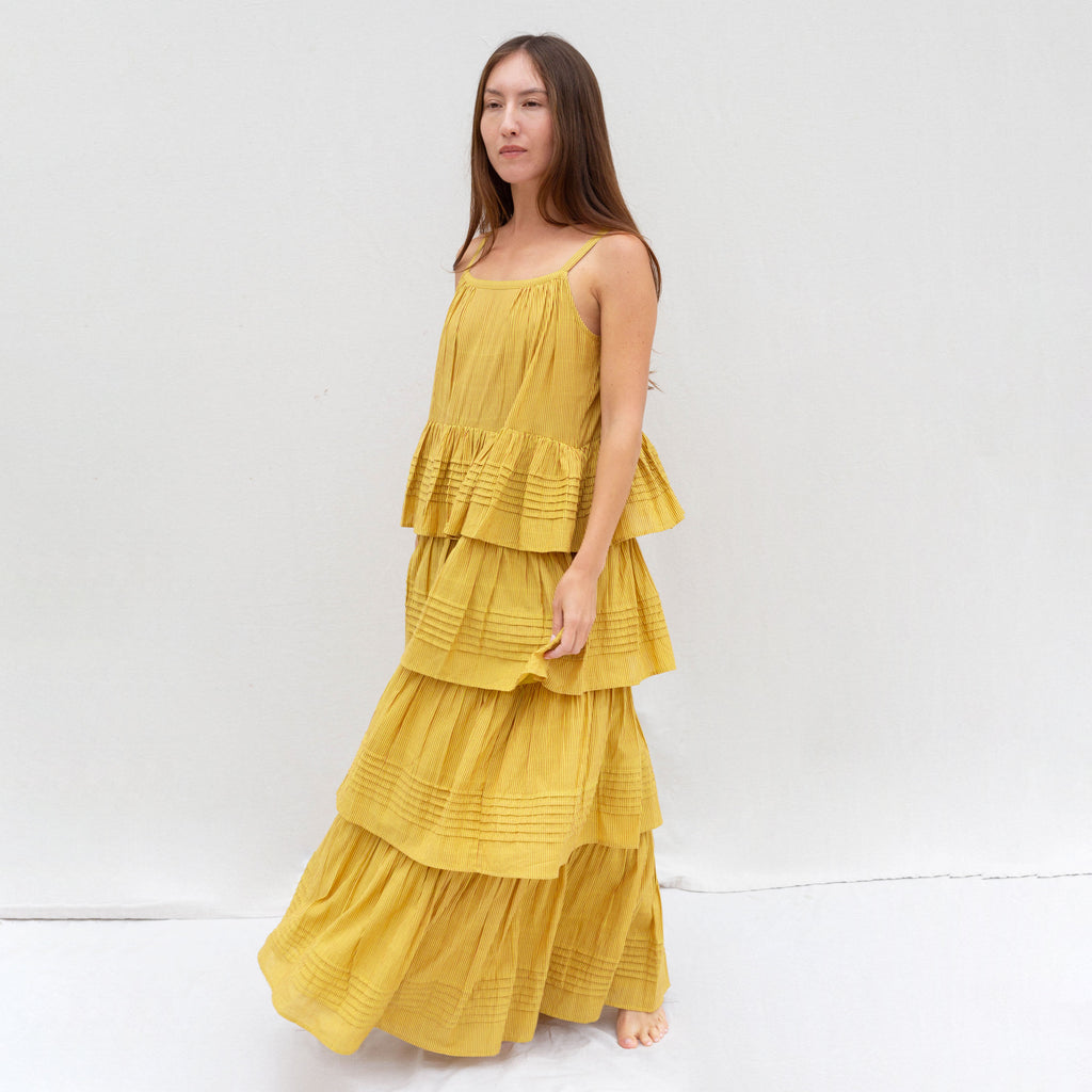 Porto Soller Tiered Maxi Dress - Jaune Pinstripe