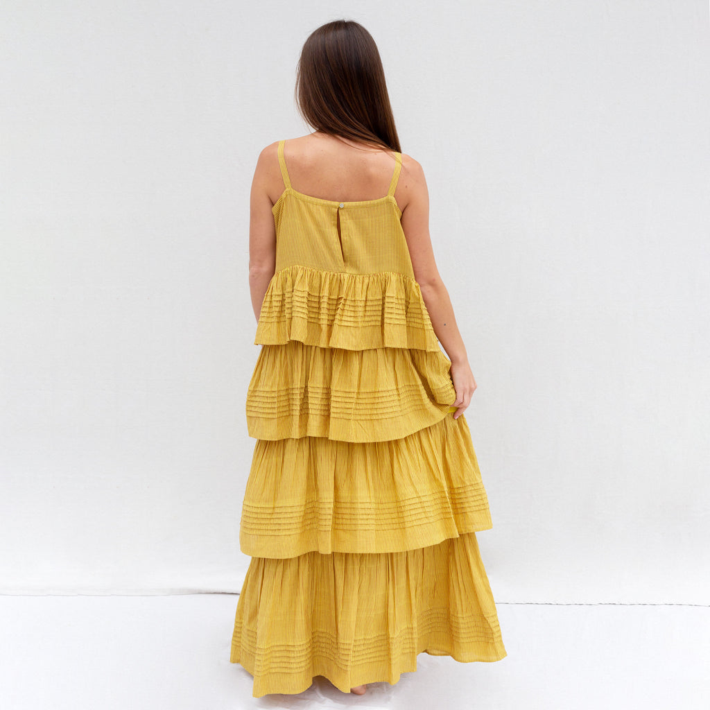 Porto Soller Tiered Maxi Dress - Jaune Pinstripe