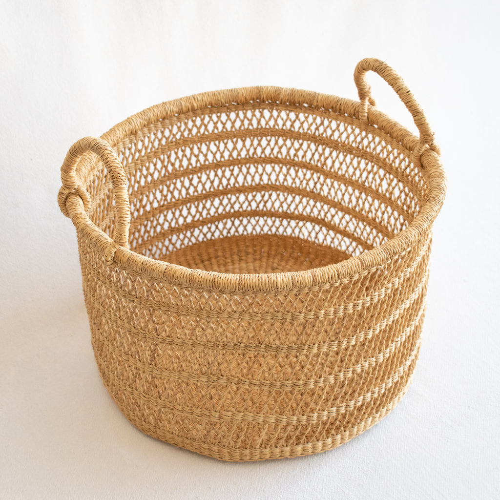 Swahili Natural Grass Lace Weave Floor Basket with Handles