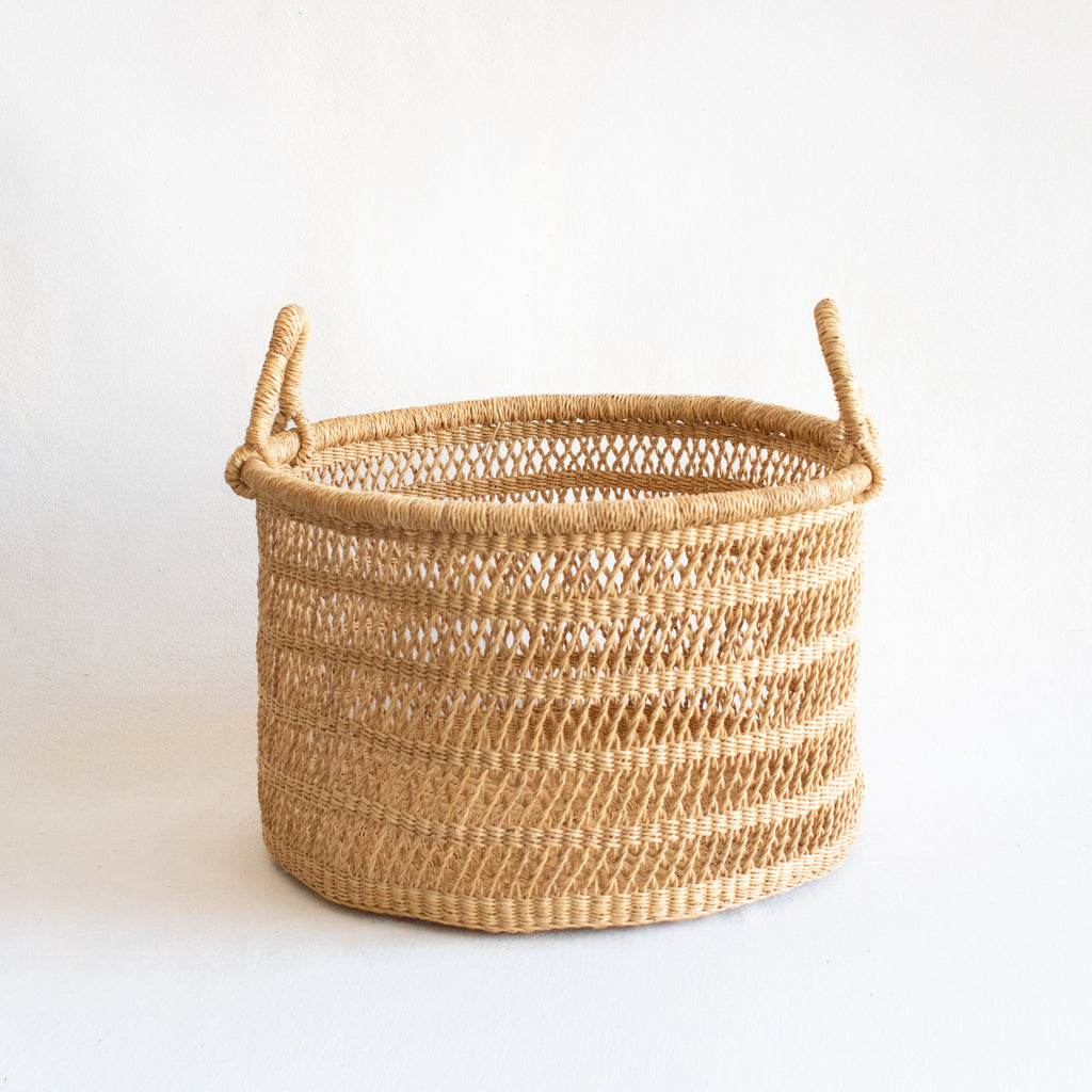 Swahili Natural Grass Lace Weave Floor Basket with Handles