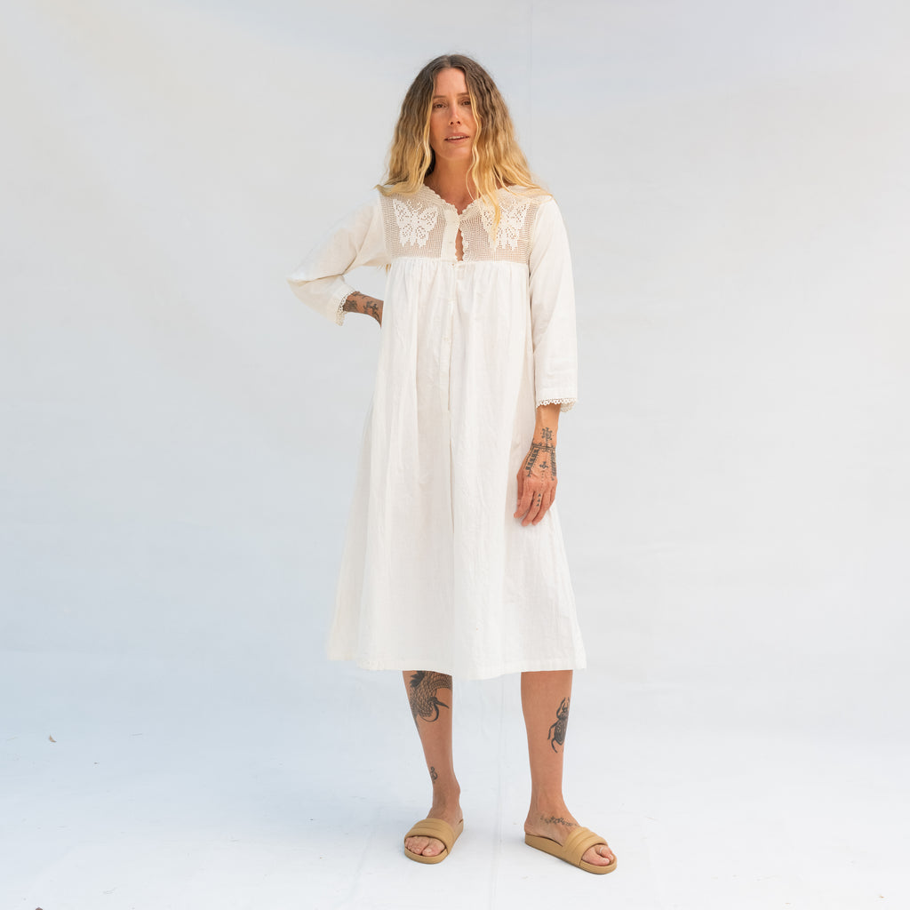 Vintage Long Sleeve Dress with Crochet Neck