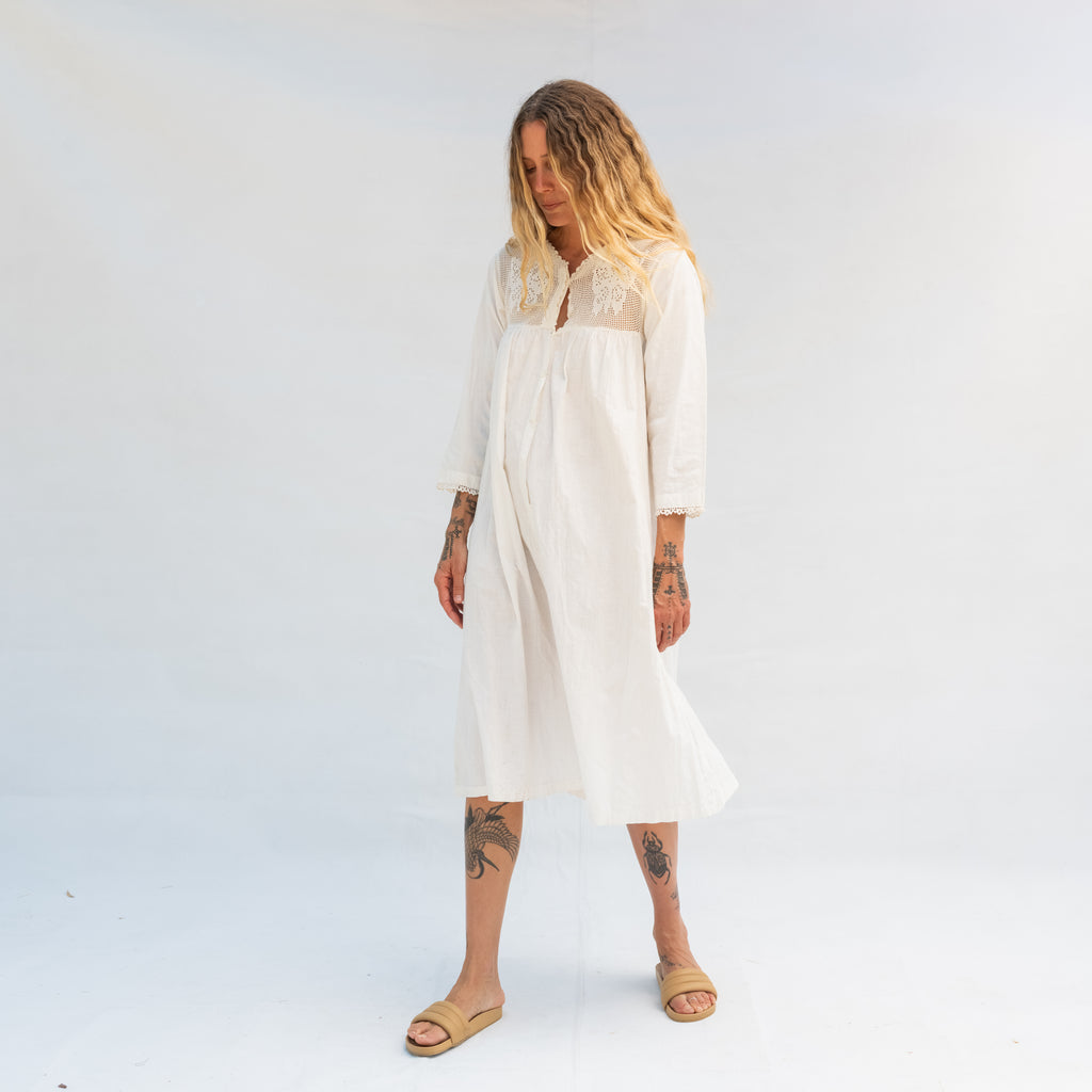 Vintage Long Sleeve Dress with Crochet Neck