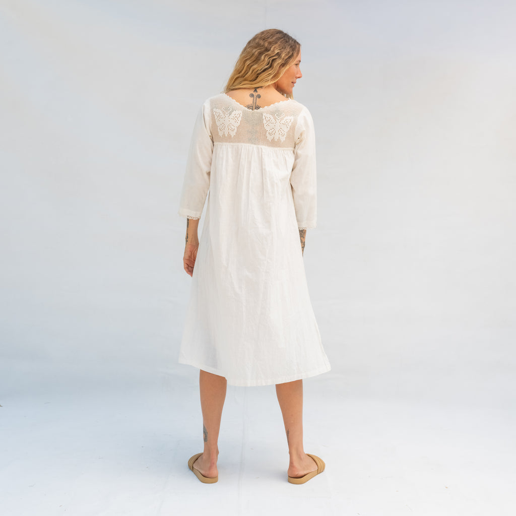 Vintage Long Sleeve Dress with Crochet Neck