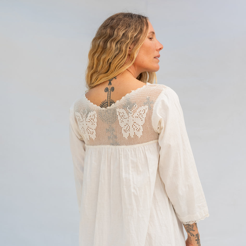 Vintage Long Sleeve Dress with Crochet Neck