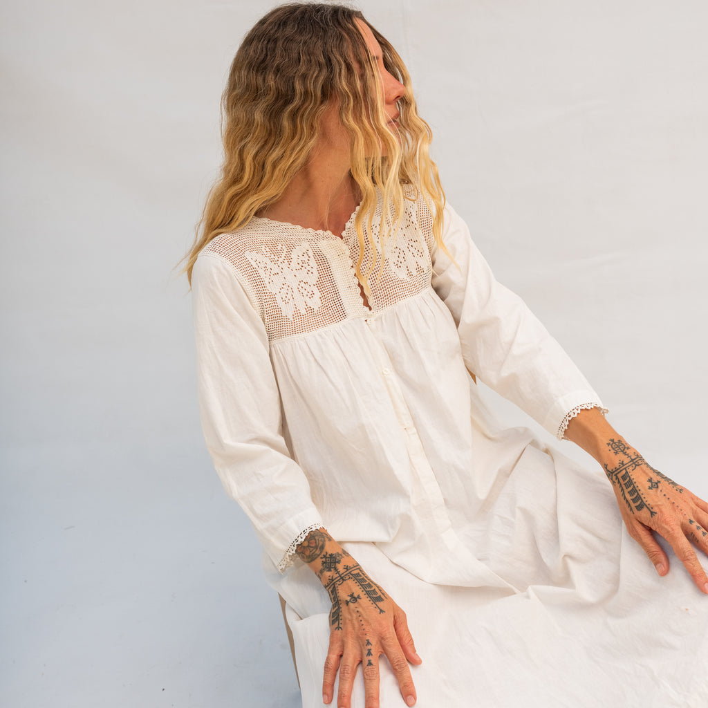 Vintage Long Sleeve Dress with Crochet Neck