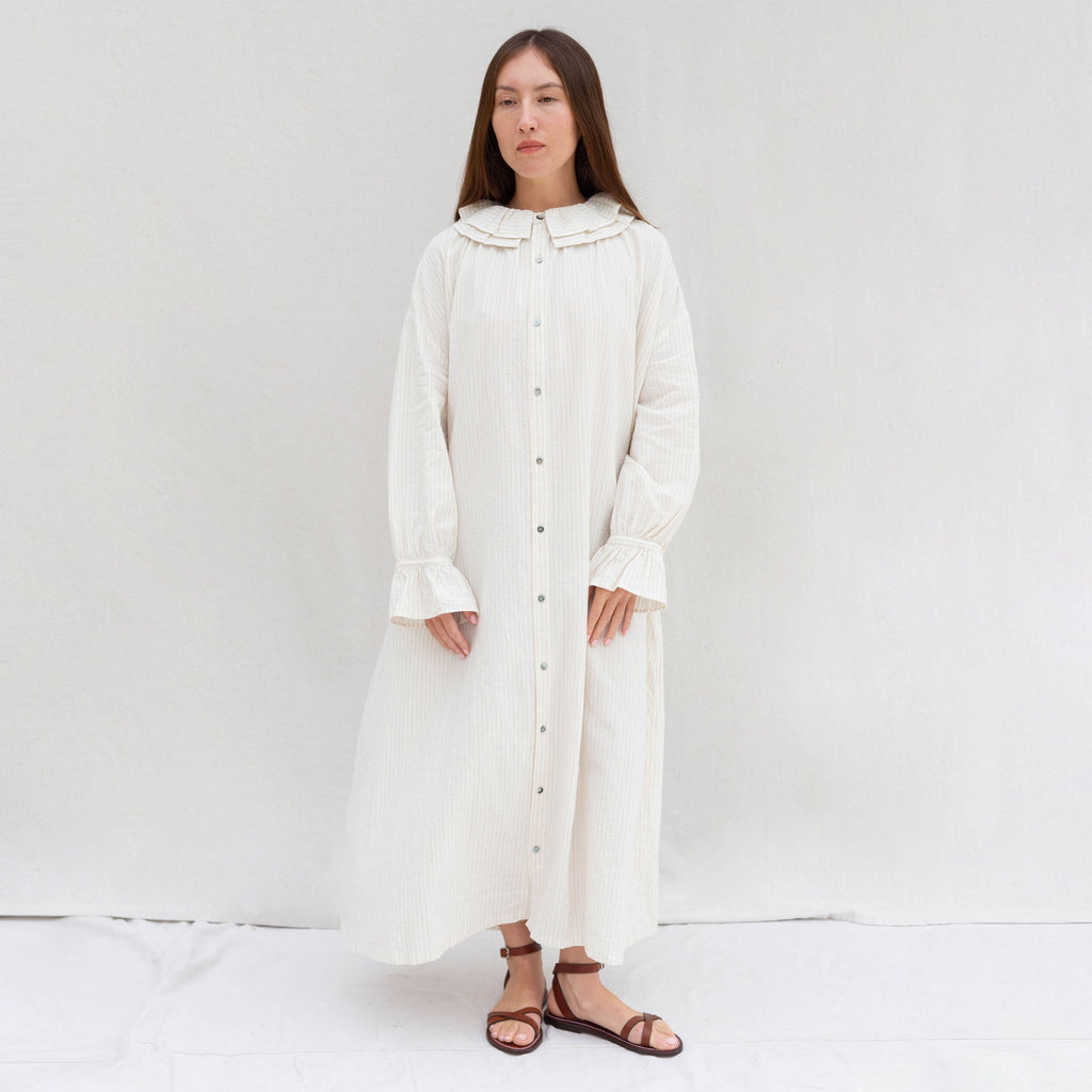 Ichi Dobby Stripe Frill Shirt Dress in Natural at General Store