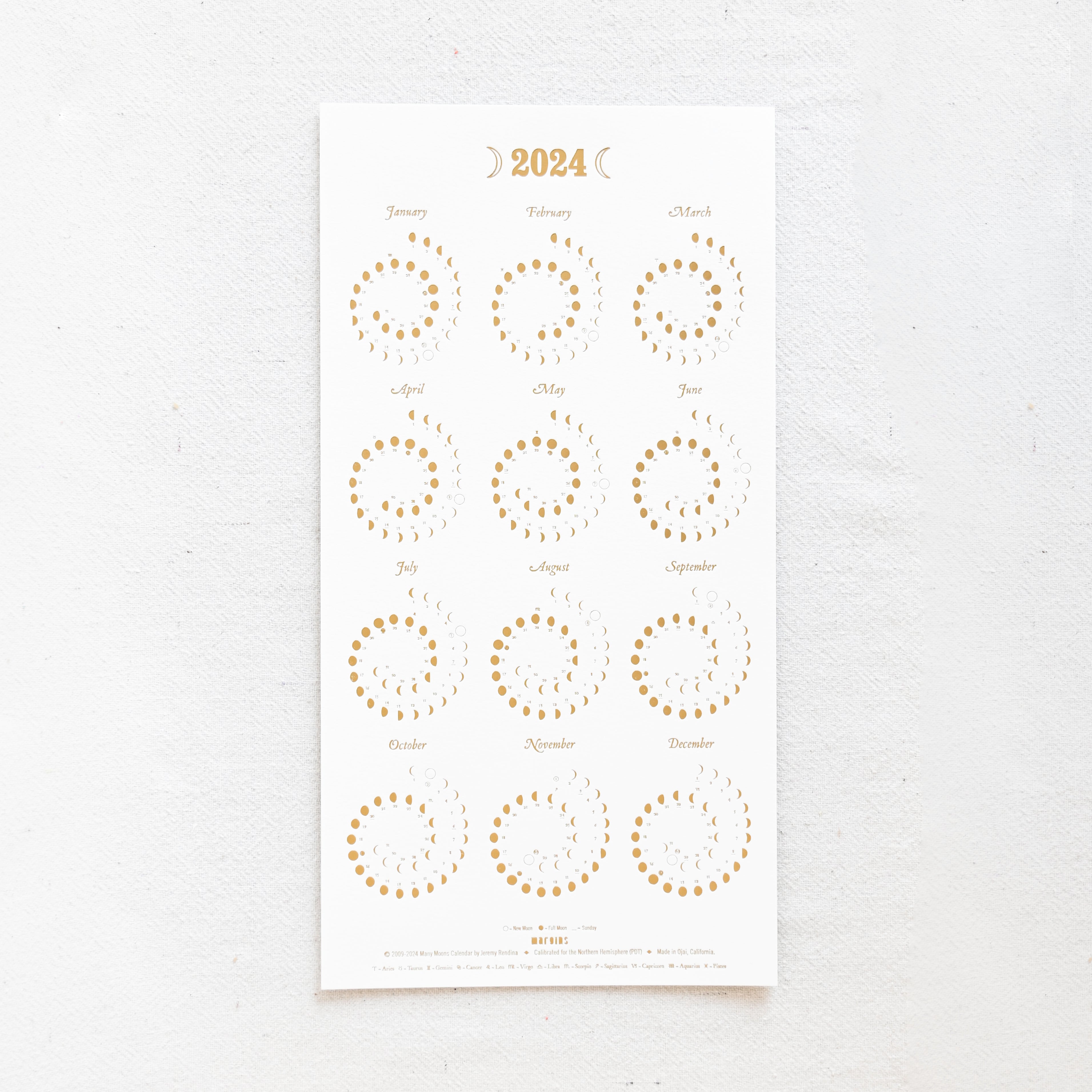 2024 Many Moons Calendar Gold Foil on Pearl White at General Store
