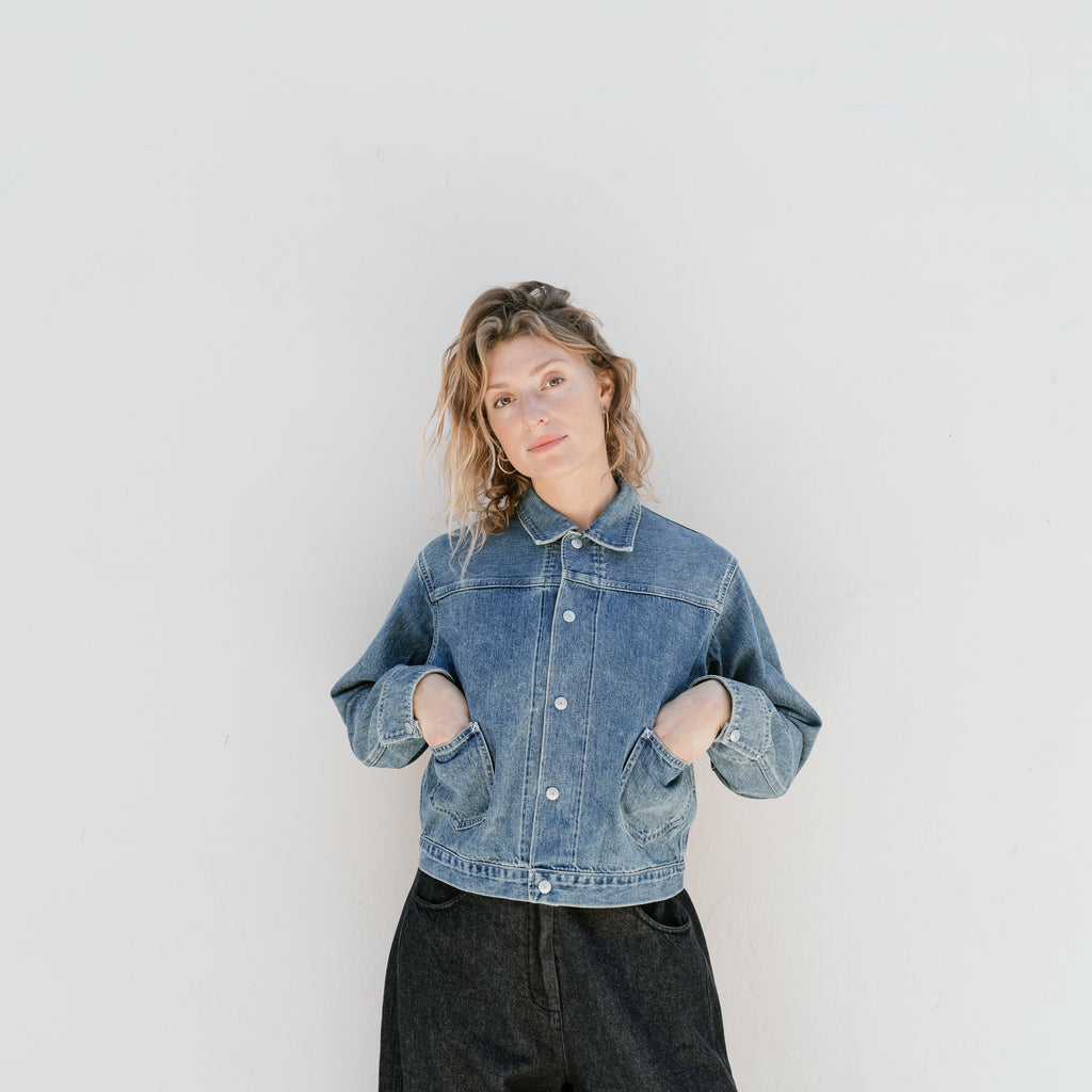 Unisex Denim Truck Jacket in Medium Distress at General Store