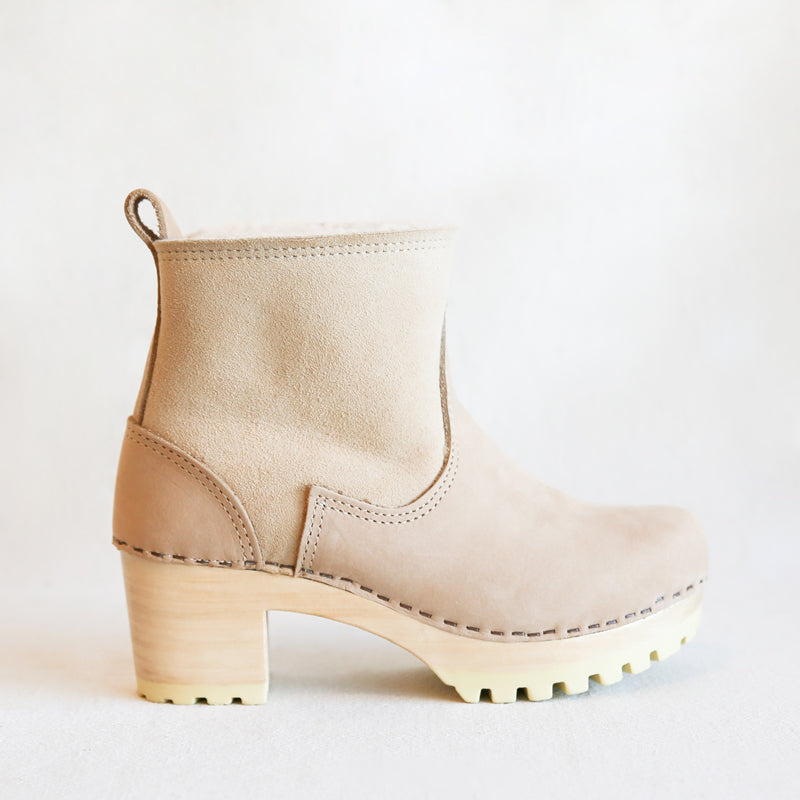 Pull on Shearling Clog Boot on Mid Tread - Bone Suede