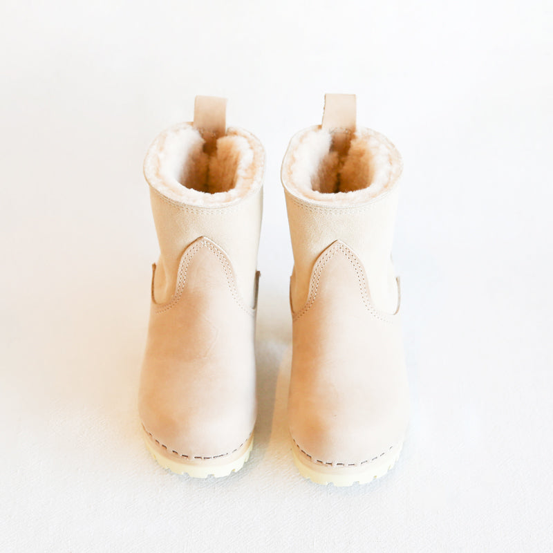 Pull on Shearling Clog Boot on Mid Tread - Bone Suede